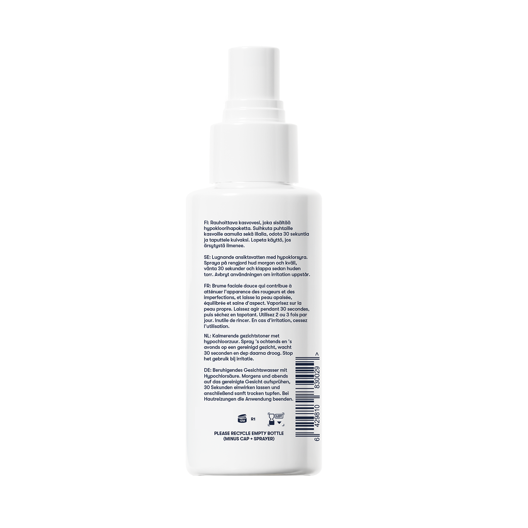 Renew Toner is shown in a white spray bottle with its cap closed, featuring a label that displays text in multiple languages, recycling information, a barcode, and product instructions—all set against a white background. Perfect for use as a facial mist to calm redness and soothe blemishes.