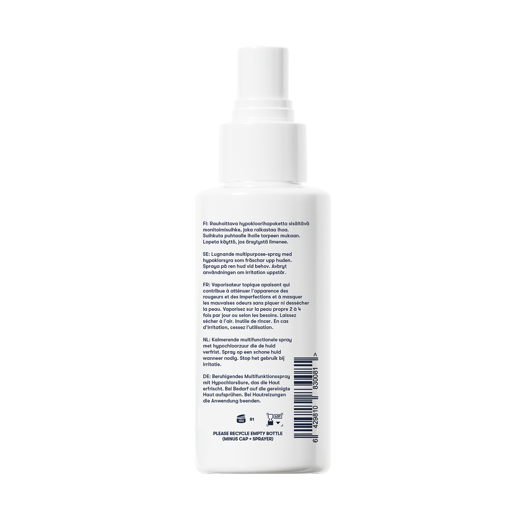 A white spray bottle with a pump top, shown from the back, features text instructions and product details in multiple languages. The Topical Skin Spray is perfect for soothing skin—helping to calm irritation and reduce blemishes for a clearer, healthier-looking complexion.