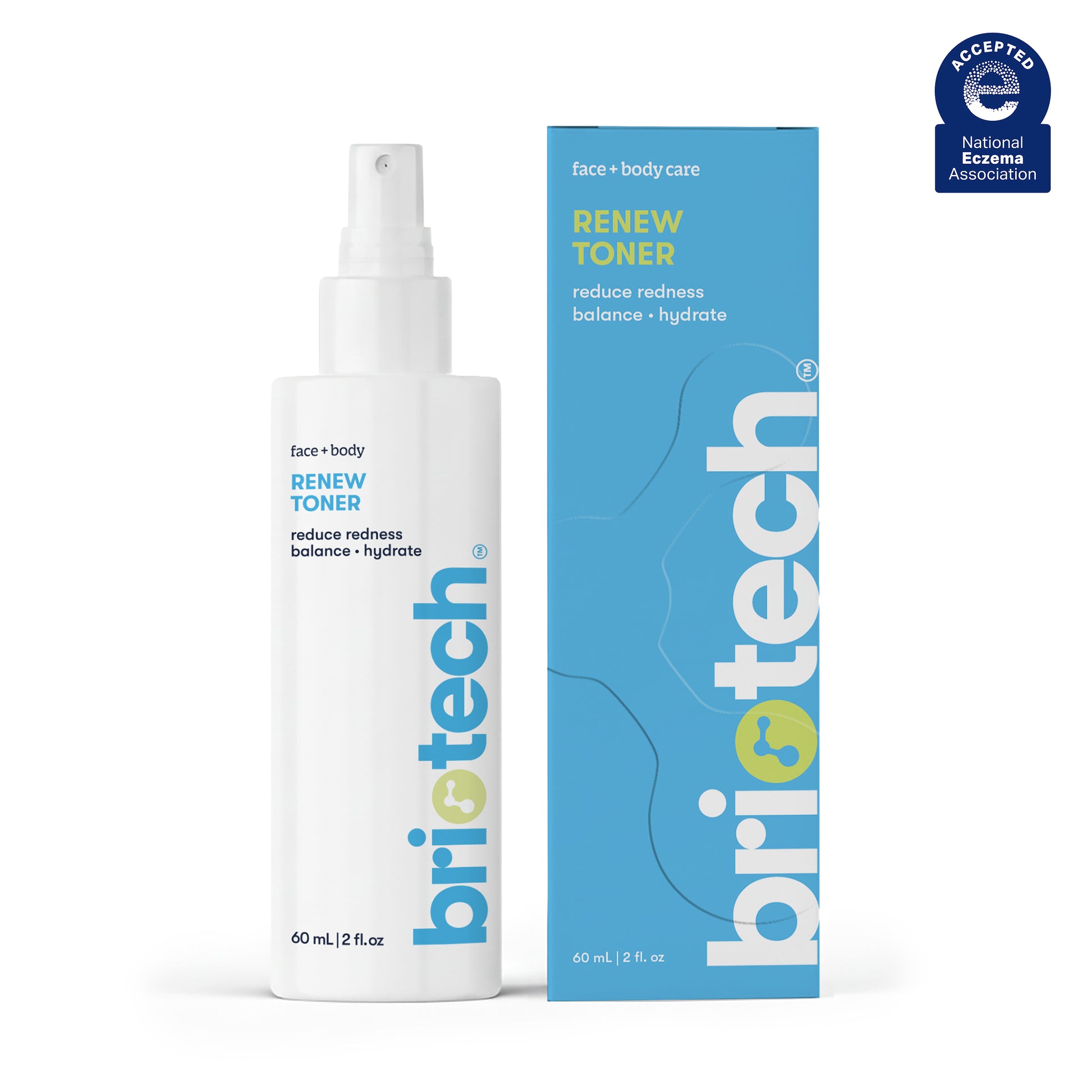 A white spray bottle labeled Renew Toner stands beside its matching blue and white box, both displaying "reduce redness, balance, hydrate"—a facial mist for calm and healthy-looking skin with simple, modern branding.
