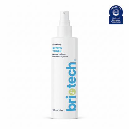 A white spray bottle labeled Renew Toner for face and body, this facial mist cleanses, deodorizes, calms redness, and supports healthy-looking skin. The bottle contains 120 mL (4 fl oz) of product.