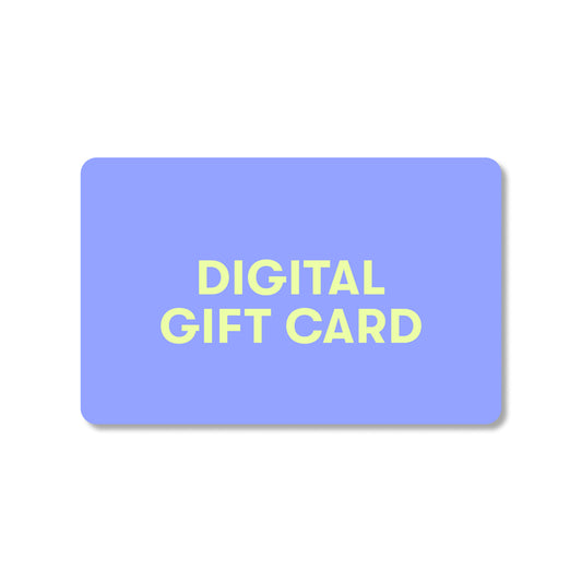 A light blue rectangular card with rounded corners features "Digital Gift Card" in bold, pale yellow capital letters at the center on a white background.