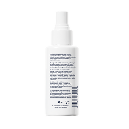 Renew Toner is shown in a white spray bottle with its cap closed, featuring a label that displays text in multiple languages, recycling information, a barcode, and product instructions—all set against a white background. Perfect for use as a facial mist to calm redness and soothe blemishes.