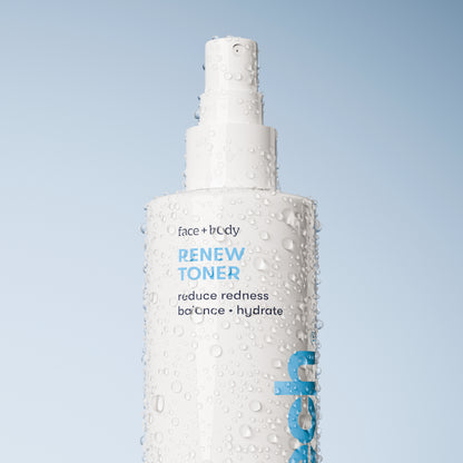 A white Renew Toner spray bottle, ideal as a facial mist, sits against a light blue background with water droplets. Its label reads: face + body, REDUCE REDNESS, calm redness • hydrate.