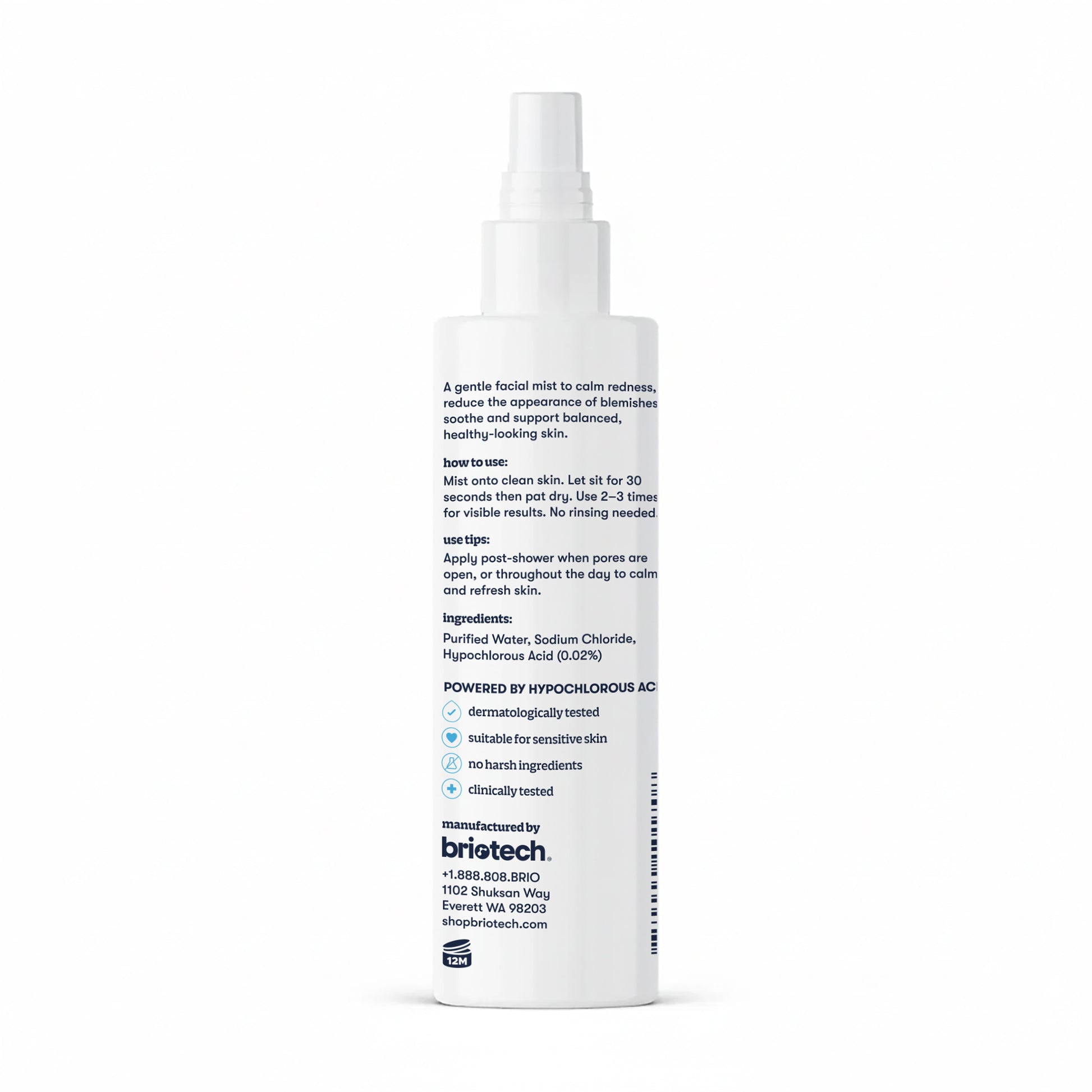 A white Renew Toner facial mist spray bottle for calming redness and reducing blemishes, featuring usage instructions, ingredients, and britech branding. The label highlights benefits for sensitive skin.