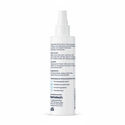 A white Renew Toner facial mist spray bottle for calming redness and reducing blemishes, featuring usage instructions, ingredients, and britech branding. The label highlights benefits for sensitive skin.