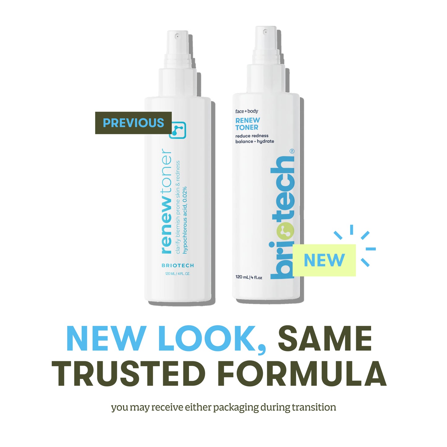 Two white bottles from the Travel Essentials Kit are shown side by side, one labeled previous and one new, highlighting updated packaging. Text below reads: NEW LOOK, SAME TRUSTED FORMULA.
