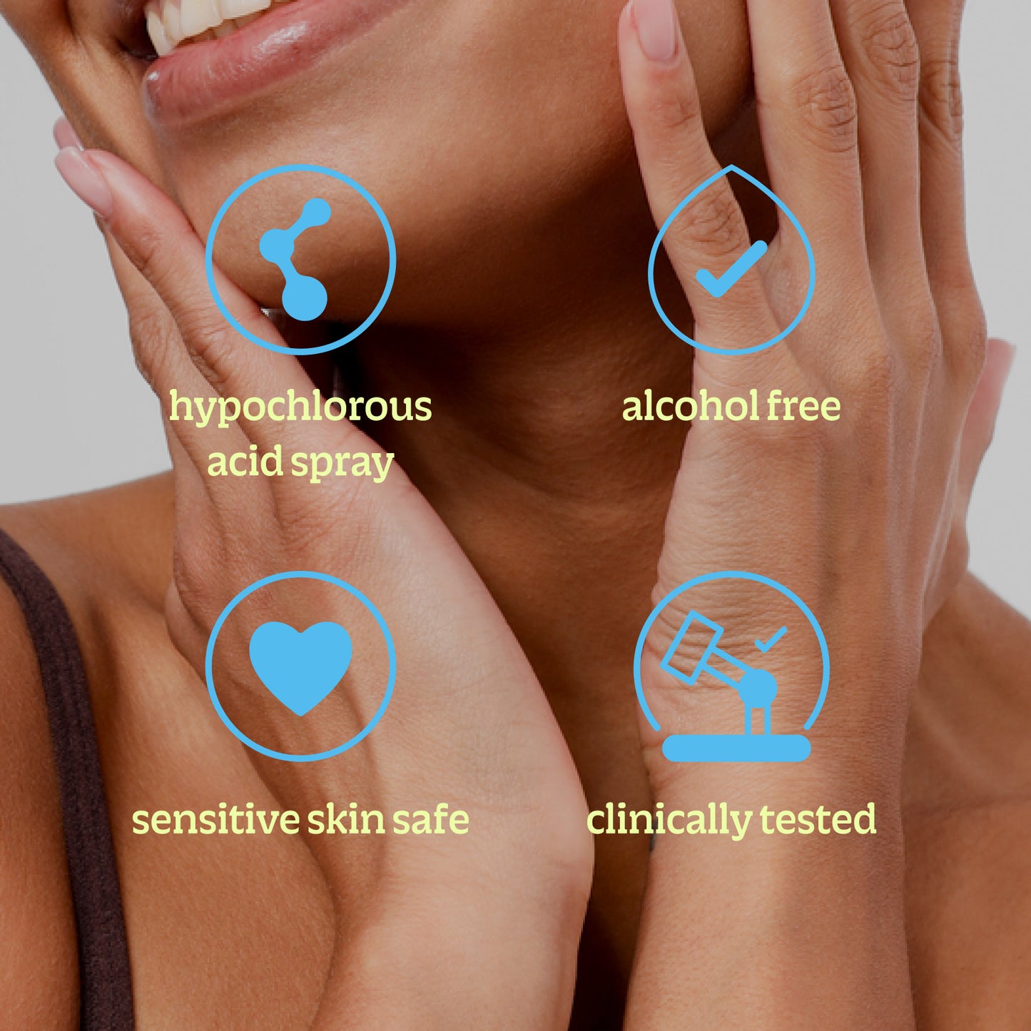 A close-up of a smiling woman’s face and hands with four icons: hypochlorous acid spray, alcohol free, sensitive skin safe, and clinically tested—highlighting Renew Toner’s benefits like calming redness and reducing blemishes.