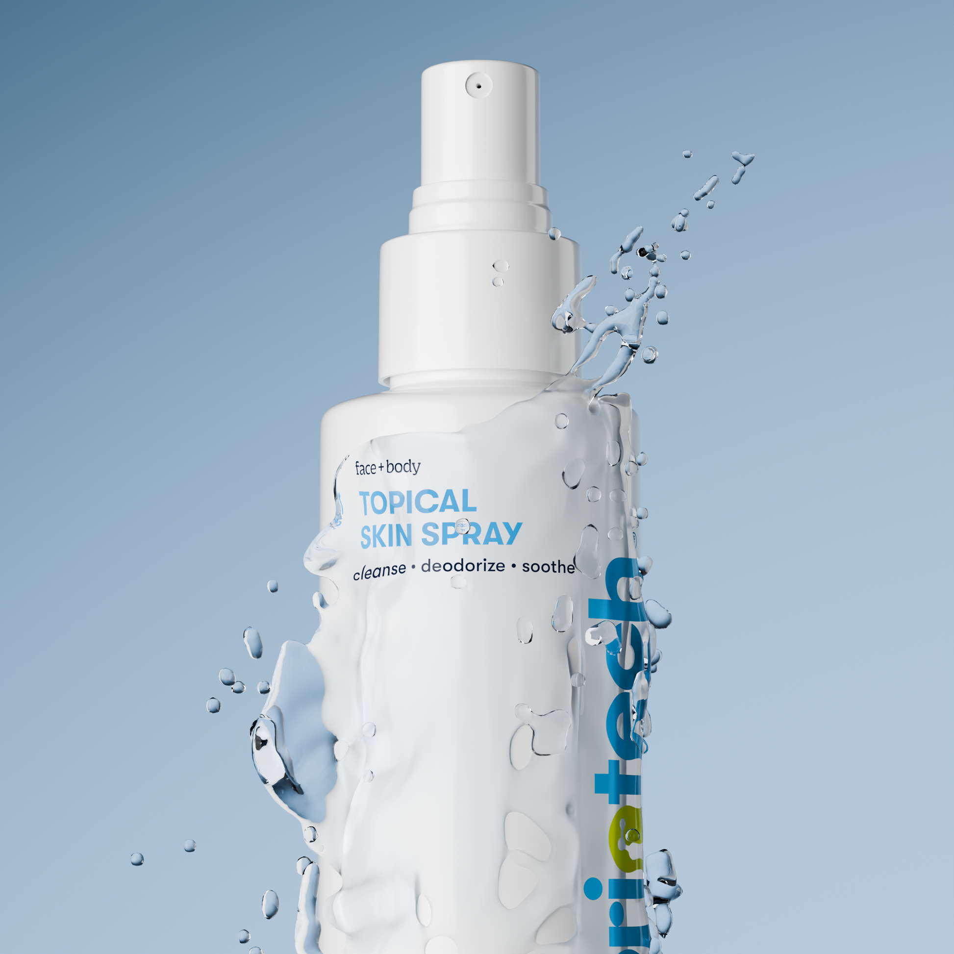 A white bottle of Topical Skin Spray, with water splashes on a gradient blue background. The label states: “TOPICAL SKIN SPRAY – cleanses, deodorizes, soothes, and helps calm irritation.”.
