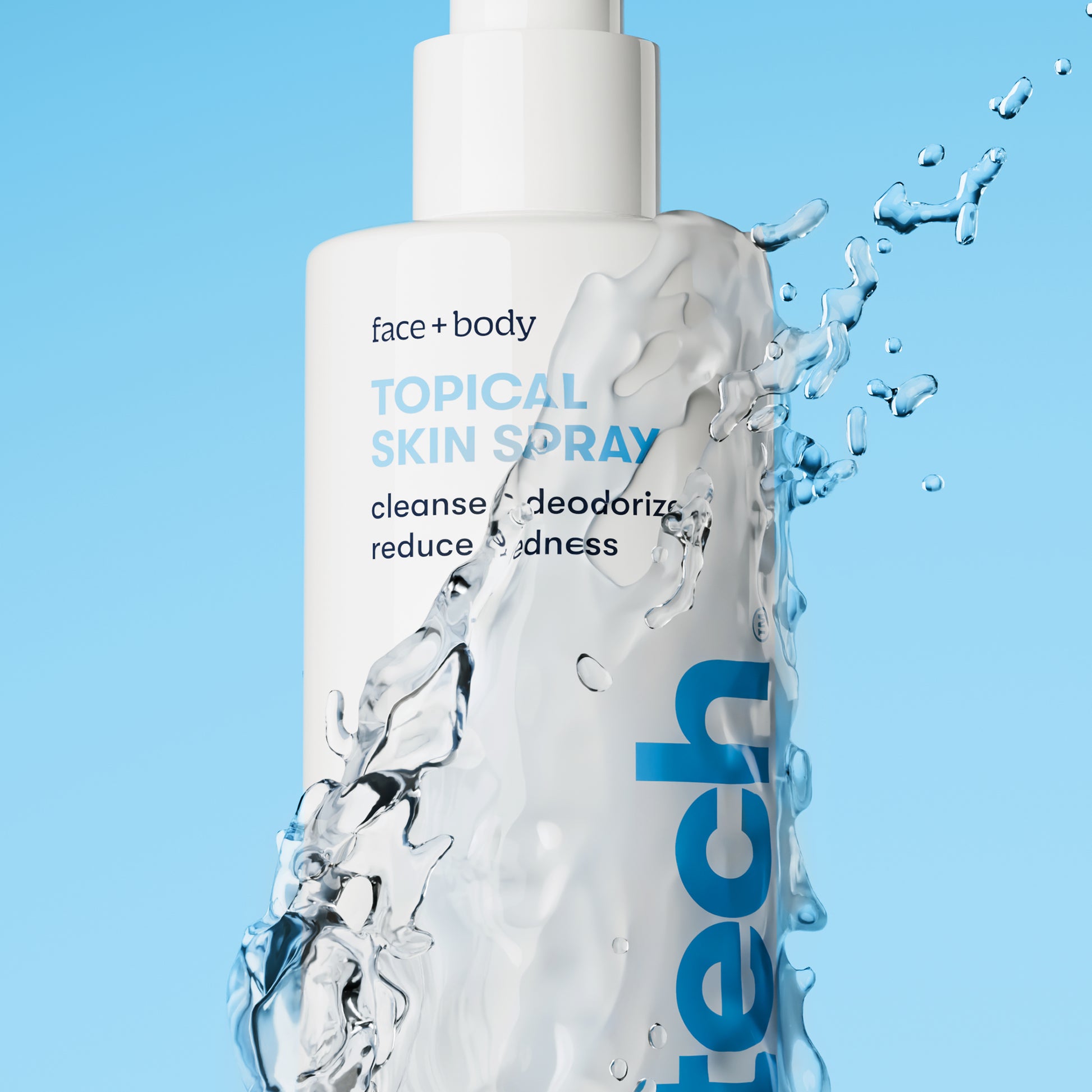 A white spray bottle labeled Topical Skin Spray appears with water splashes on a blue background, emphasizing its ability to cleanse, deodorize, reduce redness, and calm irritation for refreshed, soothed skin.