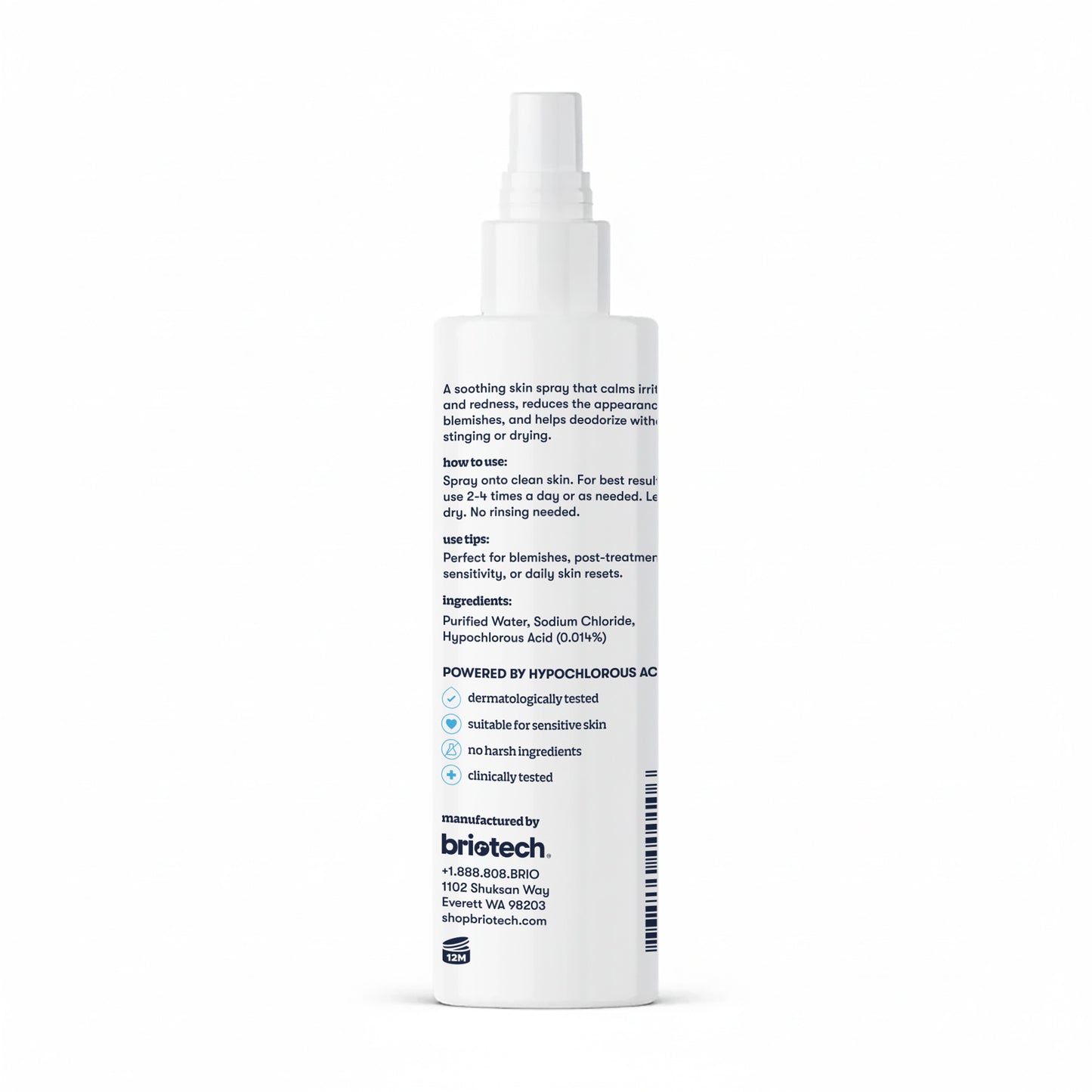 A white spray bottle labeled "Topical Skin Spray" by Briotech, listing directions, ingredients, and contact info. The label states it calms irritation, is dermatologically tested, and suitable for sensitive skin.