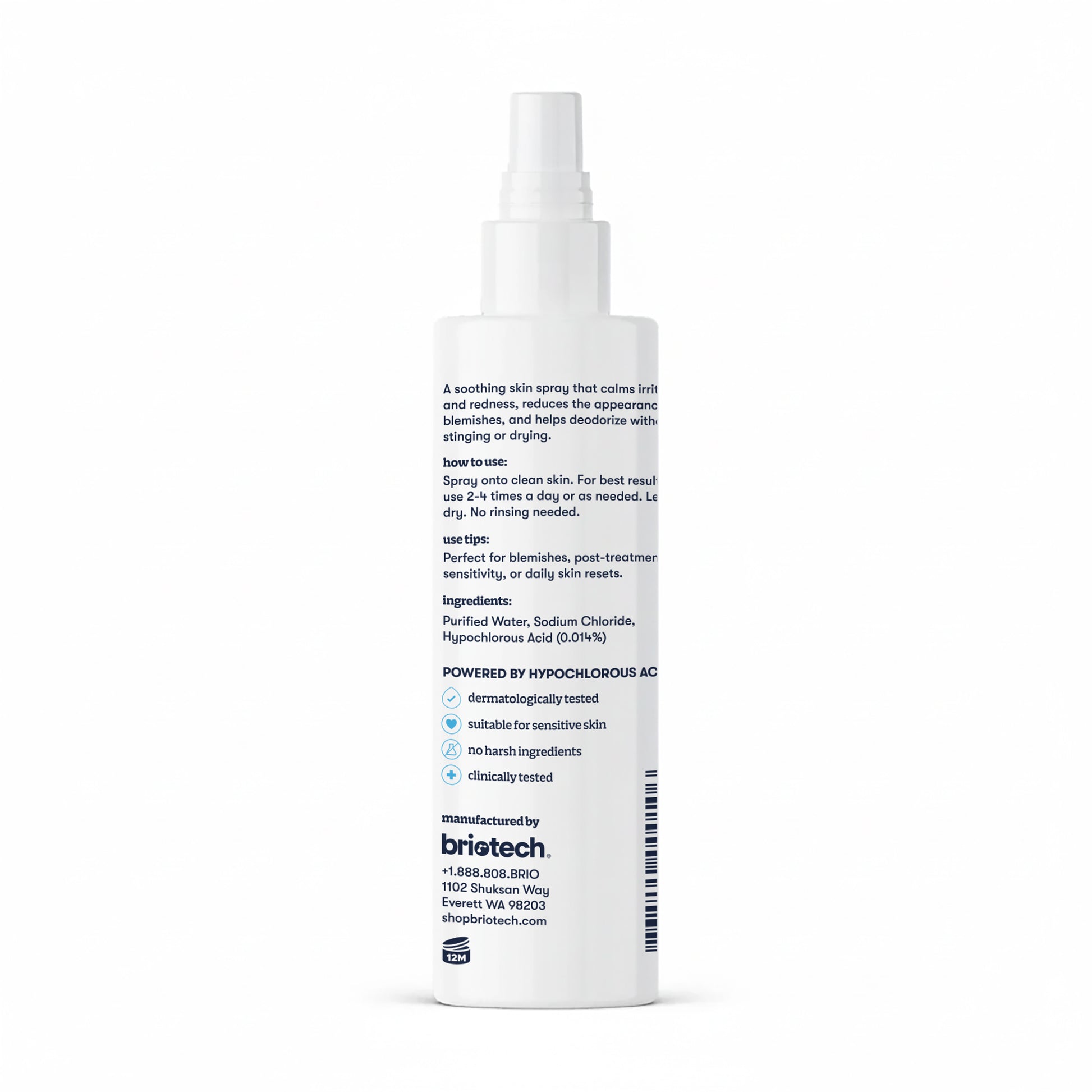 A white spray bottle labeled "Topical Skin Spray" by Briotech, listing directions, ingredients, and contact info. The label states it calms irritation, is dermatologically tested, and suitable for sensitive skin.