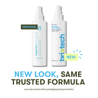 Two white spray bottles with different labels: one says PREVIOUS, the other NEW. Text: NEW LOOK, SAME TRUSTED FORMULA Topical Skin Spray. Note: Packaging may vary during transition.