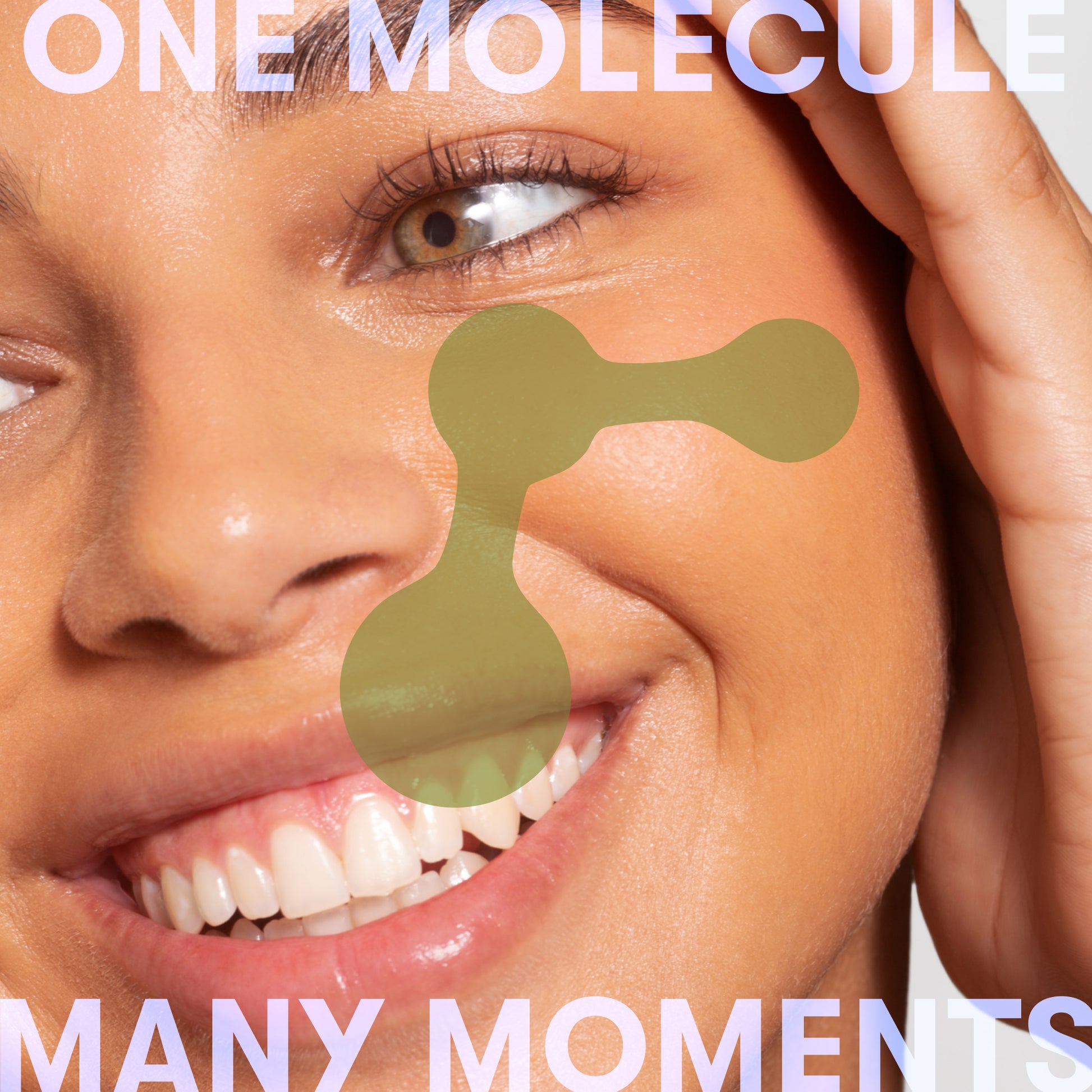 A smiling woman touches her face, overlaid with a green molecular structure and “ONE MOLECULE” at the top, “MANY MOMENTS” at the bottom, highlighting Topical Skin Spray that soothes and calms irritated skin.